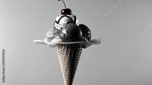 A delicious ice cream cone topped with a cherry, set against a minimalist gray background