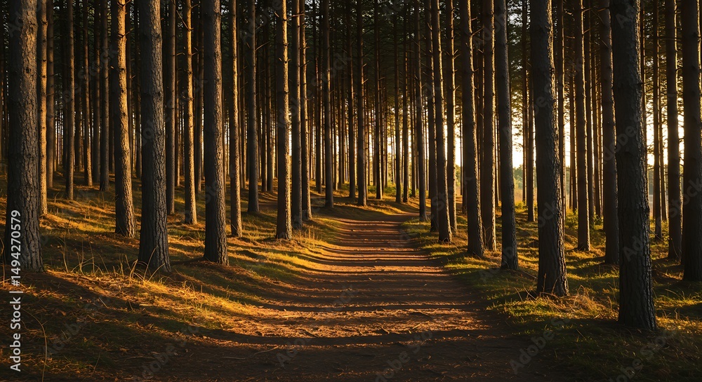 Fototapeta premium Walking Path Through a Dense Forest with Sunlight Filtering Through Trees