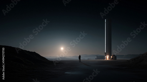 Astronaut approaching a tall Mars launch tower at dusk, surrounded by rocky terrain and a glowing sky under the light of a distant sun.