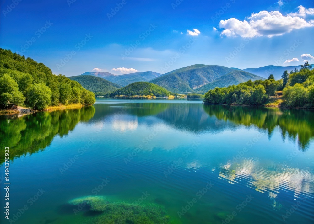 Fototapeta premium Serene landscape with a lake in Karditsa surrounded by mountains and trees