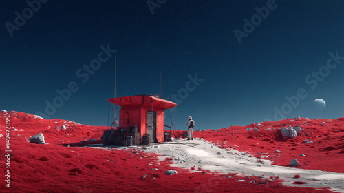 Astronaut standing near a red outpost on Mars, surrounded by crimson terrain under a clear starry sky with a distant planet on the horizon.