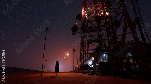 Silhouetted astronaut near a towering communication array on Mars, under a star-filled sky with red ambient light and distant celestial bodies.