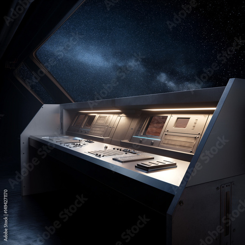 Spaceship control console with a panoramic window view of Mars and a star-filled galaxy, illuminated with warm cockpit lighting at night.