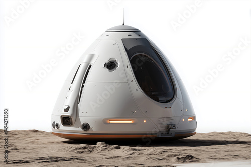 Futuristic Mars landing pod resting on dusty terrain, designed for atmospheric reentry and crew transport in extraterrestrial missions.