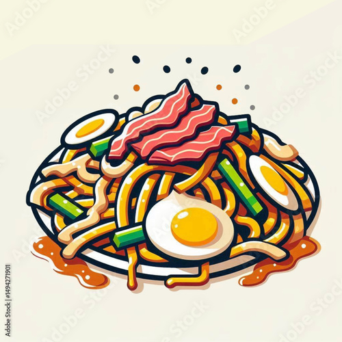 Cartoonish plate of sizzling pancit noodles egg bacon  veggies in a vibrant stylized design