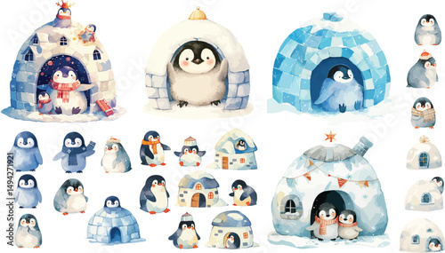 igloo penguin watercolor clipart