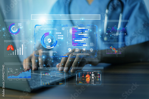 Doctor using AI-powered health data dashboard to monitor patient analytics, medical statistics, and clinical decision support in real time.