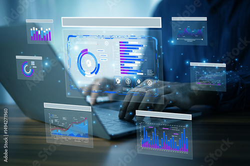 Data analysis concept. Businessman use AI technology for data analysis to track employee performance and refine internal processes for better productivity.