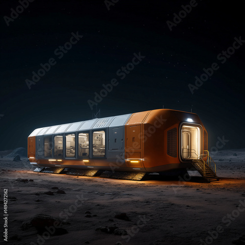 Futuristic Mars habitat module with orange exterior and illuminated interior, stationed on a barren extraterrestrial landscape under a dark sky.