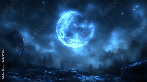 Blue moon over misty, mountainous landscape.