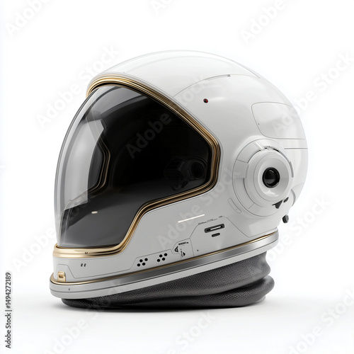 Elegant white astronaut helmet with gold accents and dark visor, isolated on white background, designed for advanced space exploration missions.