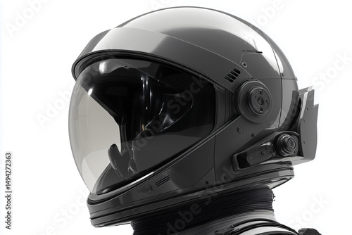 Sleek black futuristic astronaut helmet with dark visor and high-tech details, side profile view isolated on white background.