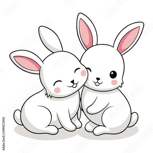 Two adorable white baby rabbits cuddle closely against a white background, one nuzzling the other's cheek a white background