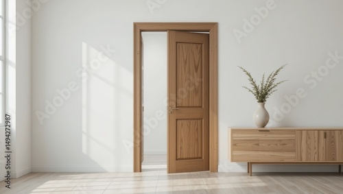 Minimalist Interior Design Featuring Wooden Door and Elegant Furniture in Bright Natural Light