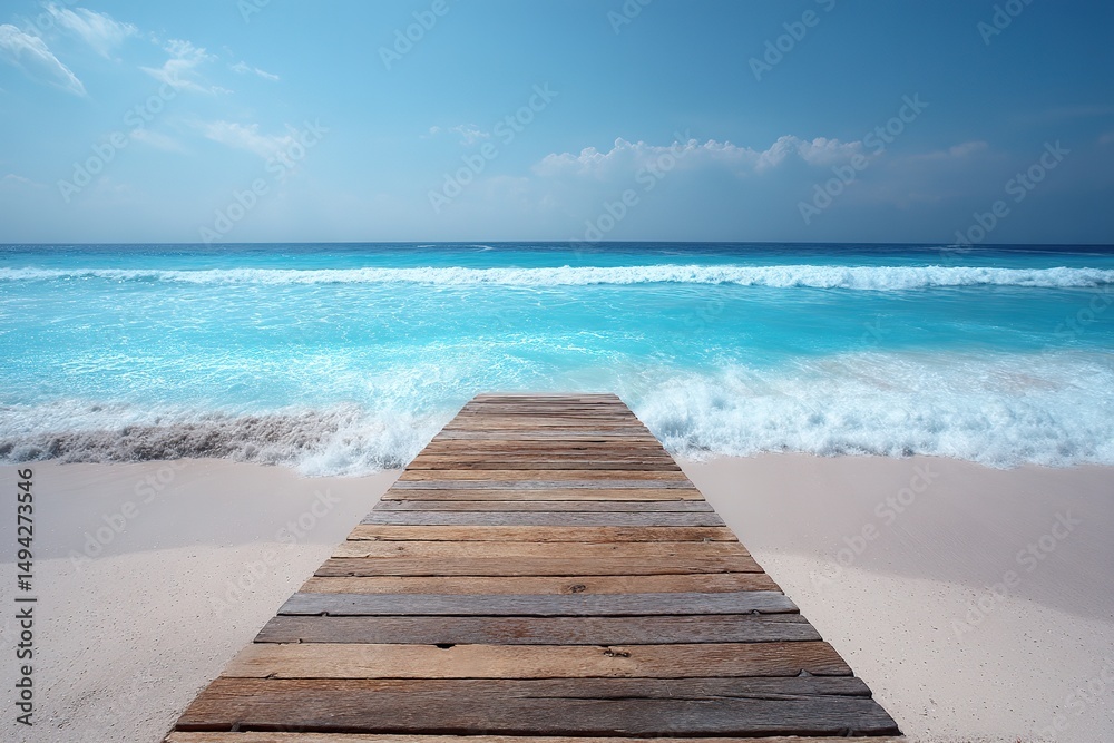 Fototapeta premium Wooden Pier Leading To Turquoise Ocean Waves At Beach