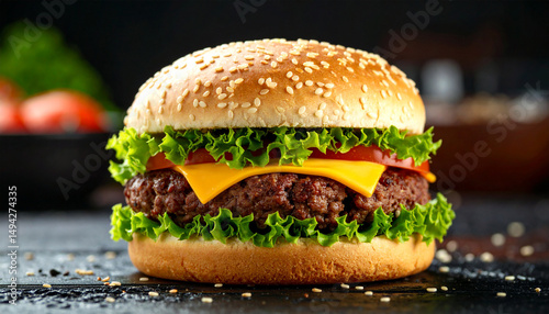 Halal beef burger with sesame bun and cheese, close-up