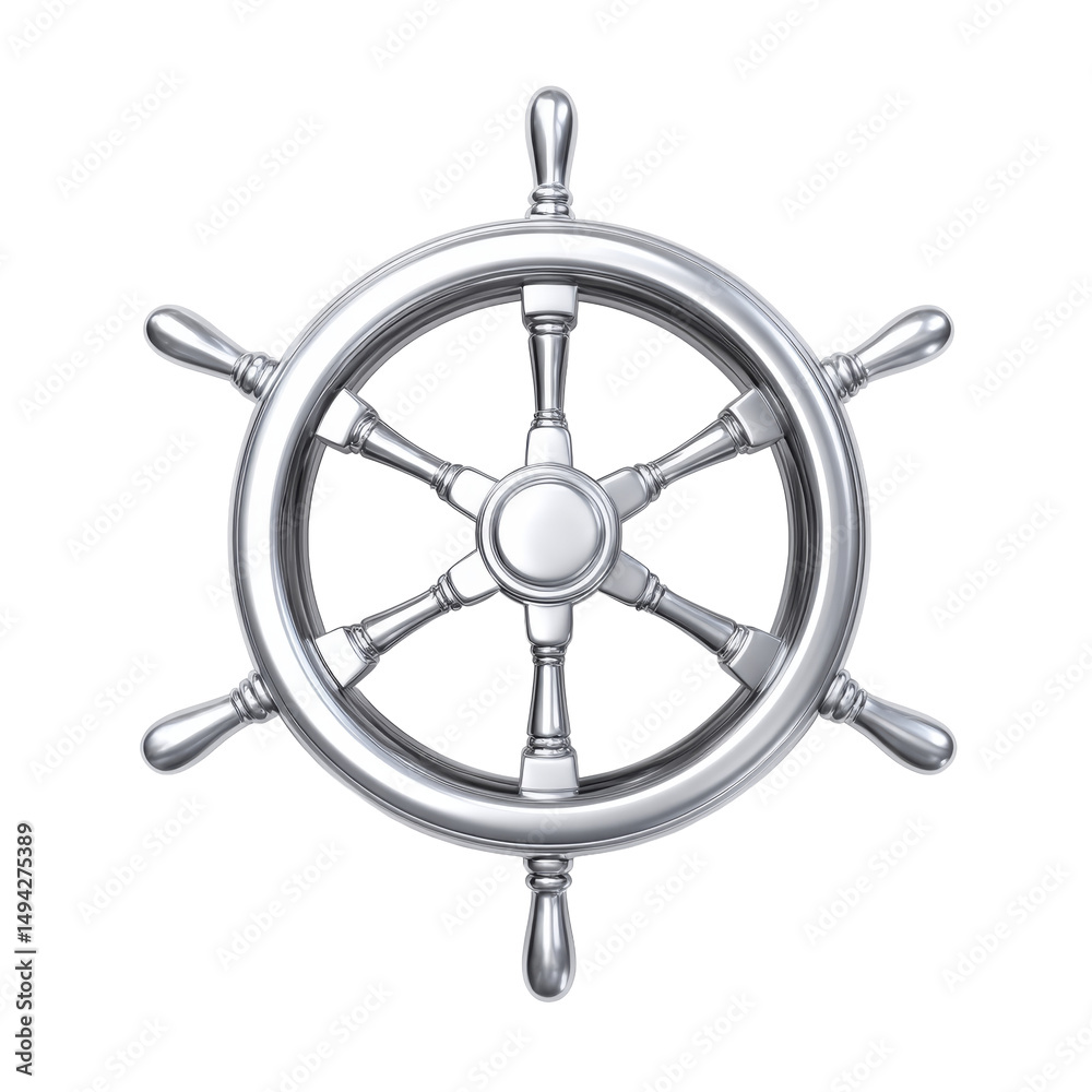 Obraz premium Silver Ship Wheel 3D Rendering on PNG Background Nautical Theme Design