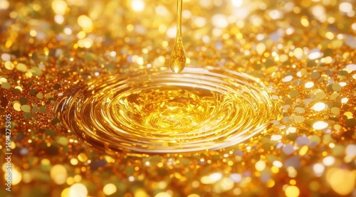 Golden liquid droplet impacting a bed of shimmering gold glitter, creating concentric ripples