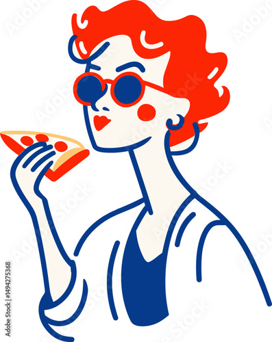 Woman enjoying a slice of pizza while wearing stylish sunglasses cartoon isolated on transparent background. Vector illustration.