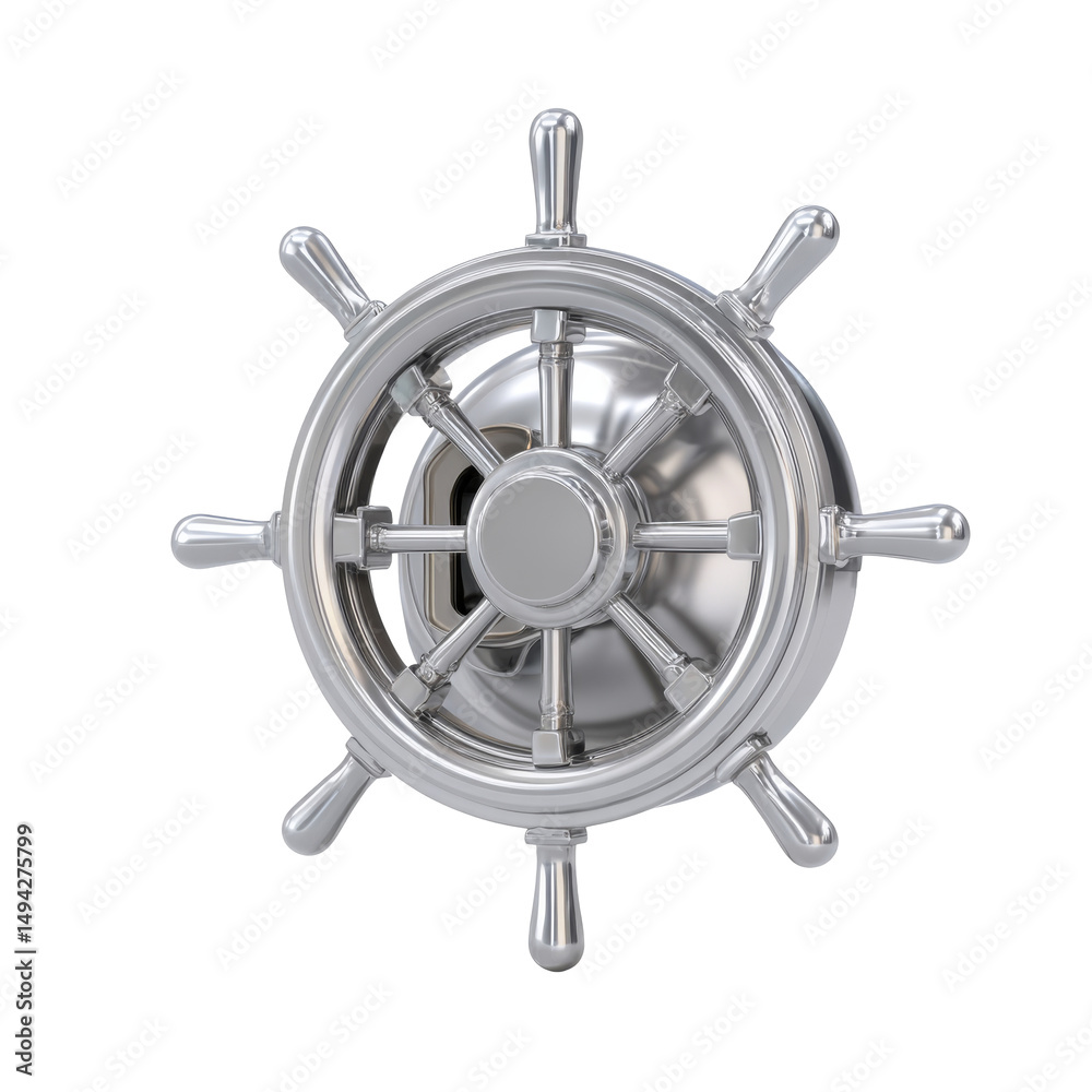 Obraz premium Silver Ship Steering Wheel Isolated on PNG Background Nautical Navigation