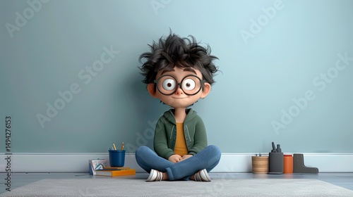 Cartoon boy sitting on floor in front of a wall