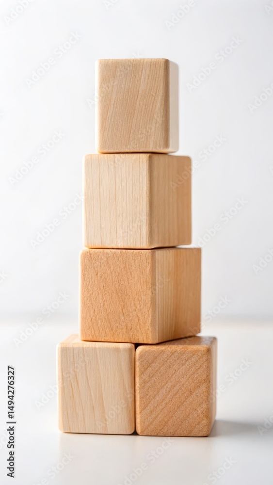 Obraz premium Wooden toy blocks stacked neatly on a white light background with soft focus effect