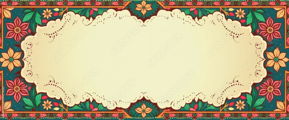 Obraz premium Ornate Floral Banner with Blank Cream Frame and Green Background