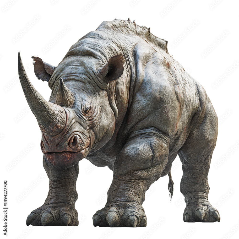 Fototapeta premium 3D Rendered Rhinoceros in Side Profile with Thick Rugged Skin and Prominent Horn on White Background, Realistic Wildlife Animal Illustration for Nature, Conservation, and Educational Visual Projects