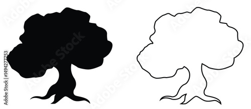 black and outline tree illustration, suitable for nature themed drawing and learning to color, vector, on white background.