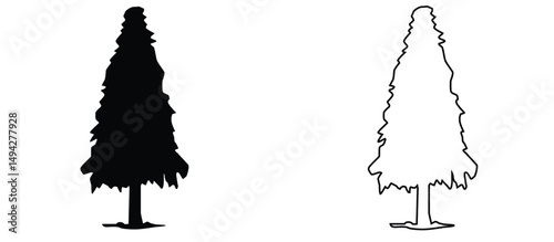 black and outline tree illustration, suitable for nature themed drawing and learning to color, vector, on white background.