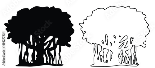 black and outline tree illustration, suitable for nature themed drawing and learning to color, vector, on white background.
