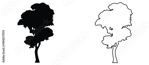 black and outline tree illustration, suitable for nature themed drawing and learning to color, vector, on white background.
