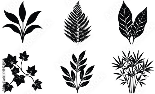 Indoor Plant Leaf Silhouette Set – Vector Collection Featuring Jade Plant, Dieffenbachia, Calathea, Fern, Fiddle Leaf, and English Ivy for Botanical, Minimalist, and Home Decor Design
