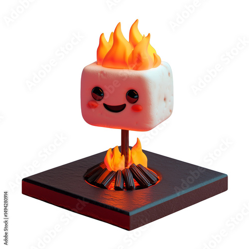 Cute animated marshmallow character with smiling face and fire top, sitting burning wood base, cheerful and whimsical scene
