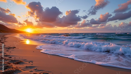 a serene beach scene at sunset
