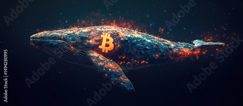 Fiery whale, digital art, bitcoin symbol embedded