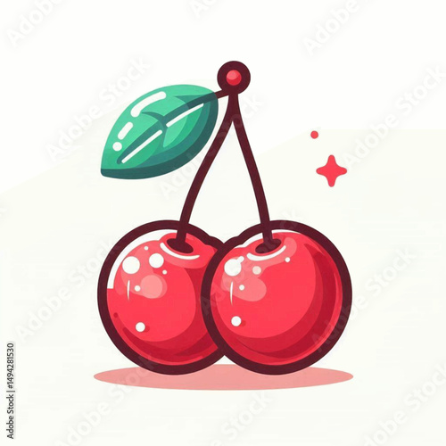 Glossy twin cherries linked by stems shining with leaf and sparkle inviting a sweet cartoon bite