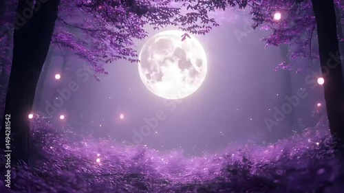 Glowing Purple Forest Under Full Moon.