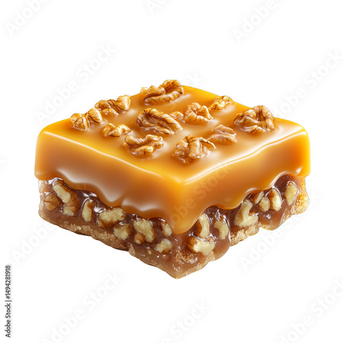 Close up of caramel and nut square dessert with walnuts top, showing layers of caramel, chocolate, and crunchy nuts