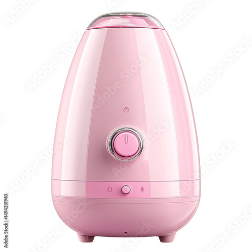 Pink humidifier with sleek, modern design and control dial, ideal for home or office use, emitting mist to improve air quality