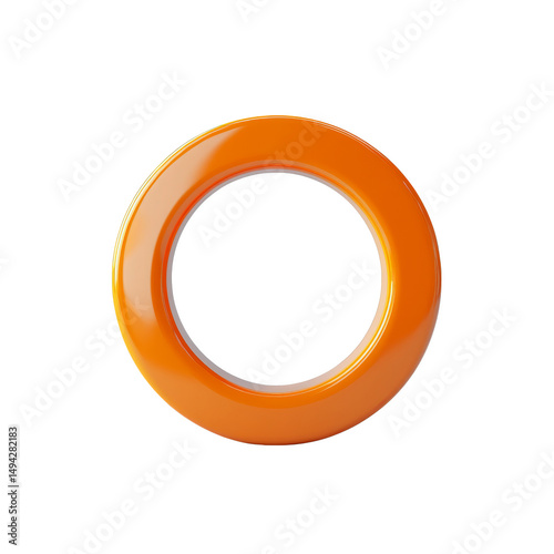 Close up of round, orange, glossy ring with smooth surface and reflective finish, isolated transparency background