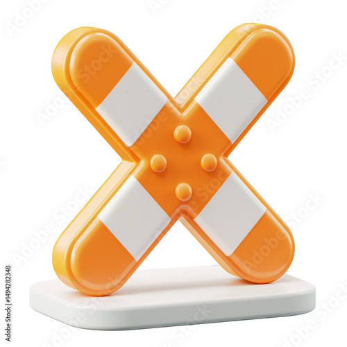 3D illustration of large orange and white construction barrier with stand, symbolizing roadwork or construction zone safety