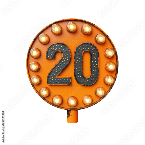 Vintage illuminated sign displaying number 20 with bright bulbs around edge, creating festive and retro appearance