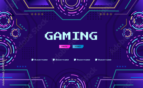 Futuristic Gaming HUD Background with Neon Interface and Social Tags photo
