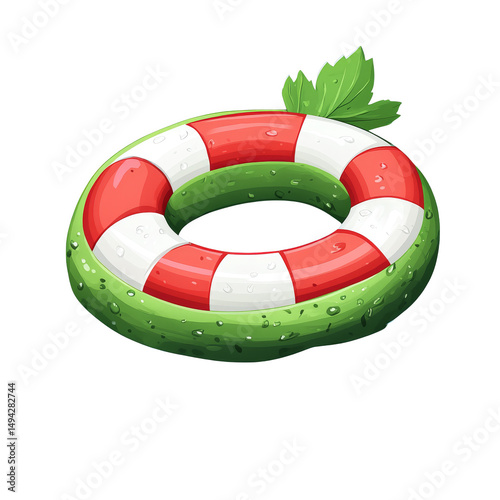 Colorful lifebuoy designed as watermelon with water droplets and green leaf, symbolizing safety and freshness aquatic