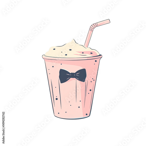 Pink milkshake in glass with whipped cream topping, straw, and black bow tie decoration, giving fancy and playful vibe