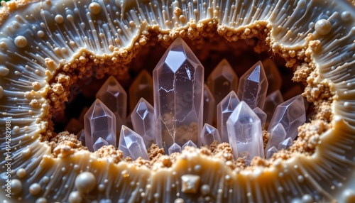a close up view of a geode, which is a hollow, rounded geological formation composed of layers of sedimentary rock that have been cemented around a ce