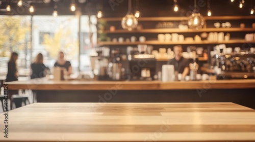 Wallpaper Mural Common settings of cafe interior with a wooden table and a blurry background Torontodigital.ca