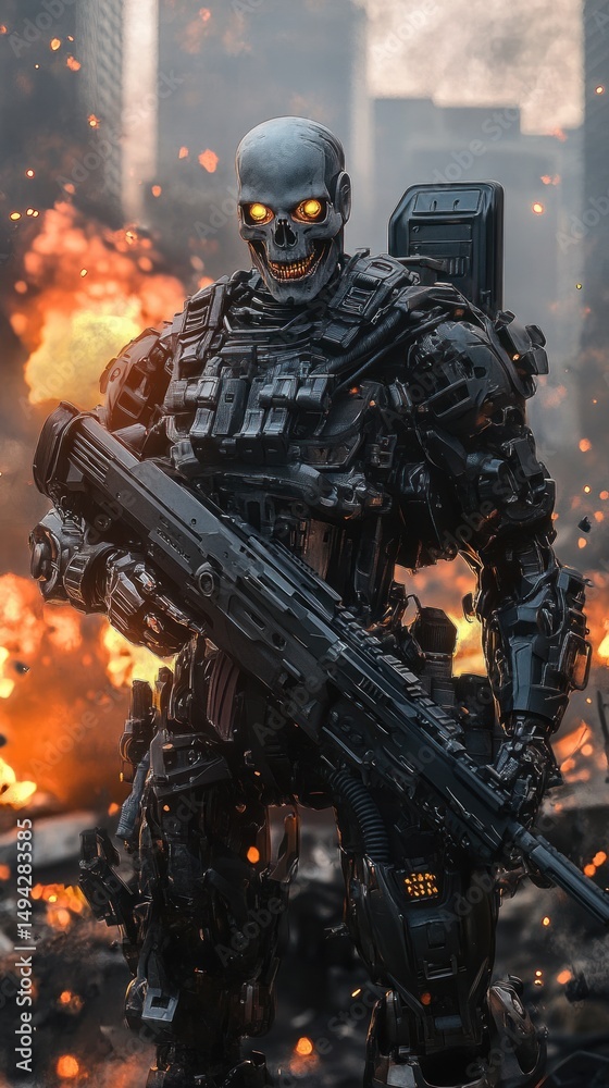 Fototapeta premium Futuristic robot soldier stands amidst urban chaos