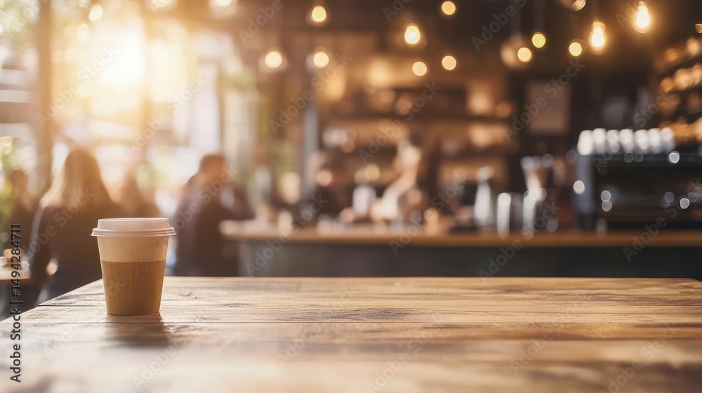 Common settings of cafe interior with a wooden table and a blurry background Common settings of cafe interior with a wooden table and a blurry background